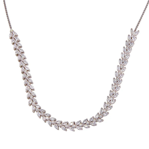 Sterling Silver Rhodium Leaf Link Necklace with Cubic Zirconia – Adjustable Design
