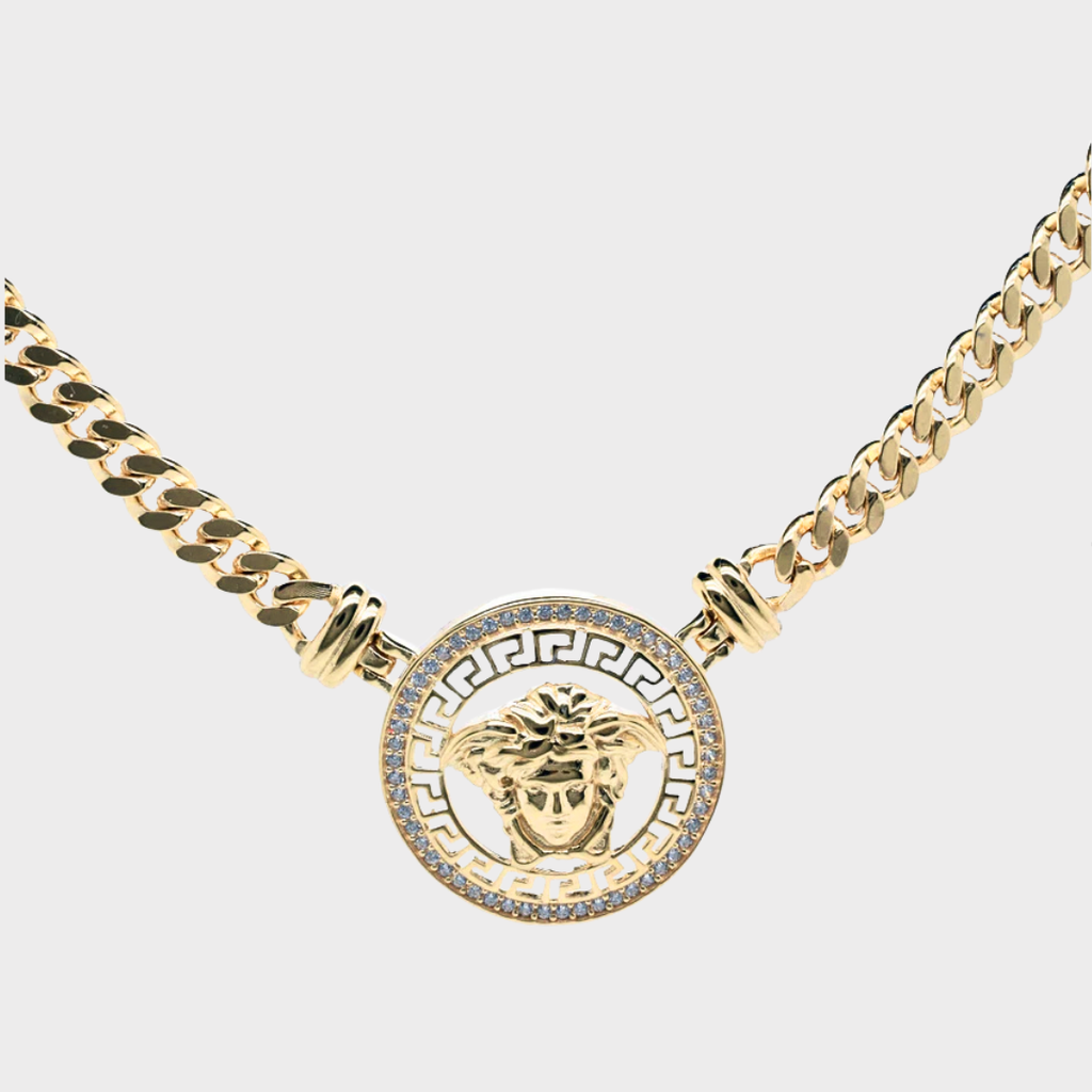 Gold Plated 925 Sterling Silver Medusa Greek Key Clear CZ Curb Adjustable Necklace