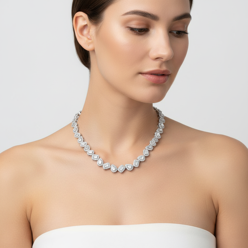 Rhodium Plated 925 Sterling Silver Teardrop Heart CZ Tennis Necklace