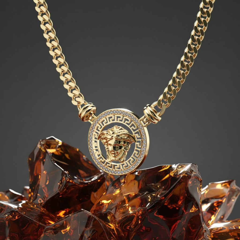 Gold Plated 925 Sterling Silver Medusa Greek Key Clear CZ Curb Adjustable Necklace