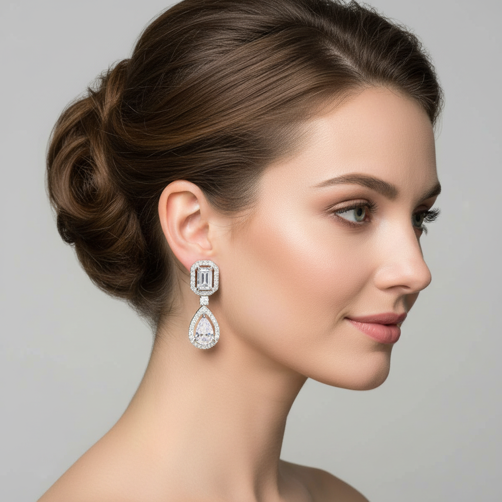 Rhodium Plated 925 Sterling Silver Pear Cut Center Stone Clear CZ angling Earring