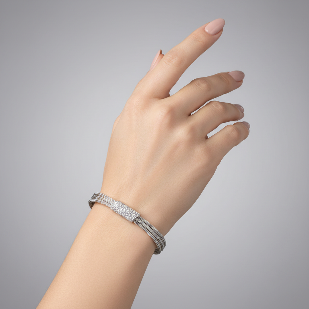 Rhodium Plated 925 Sterling Silver Mesh Clear CZ Bracelet