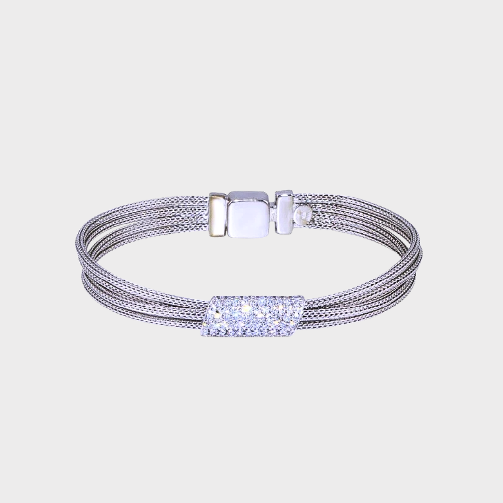 Rhodium Plated 925 Sterling Silver Mesh Clear CZ Bracelet