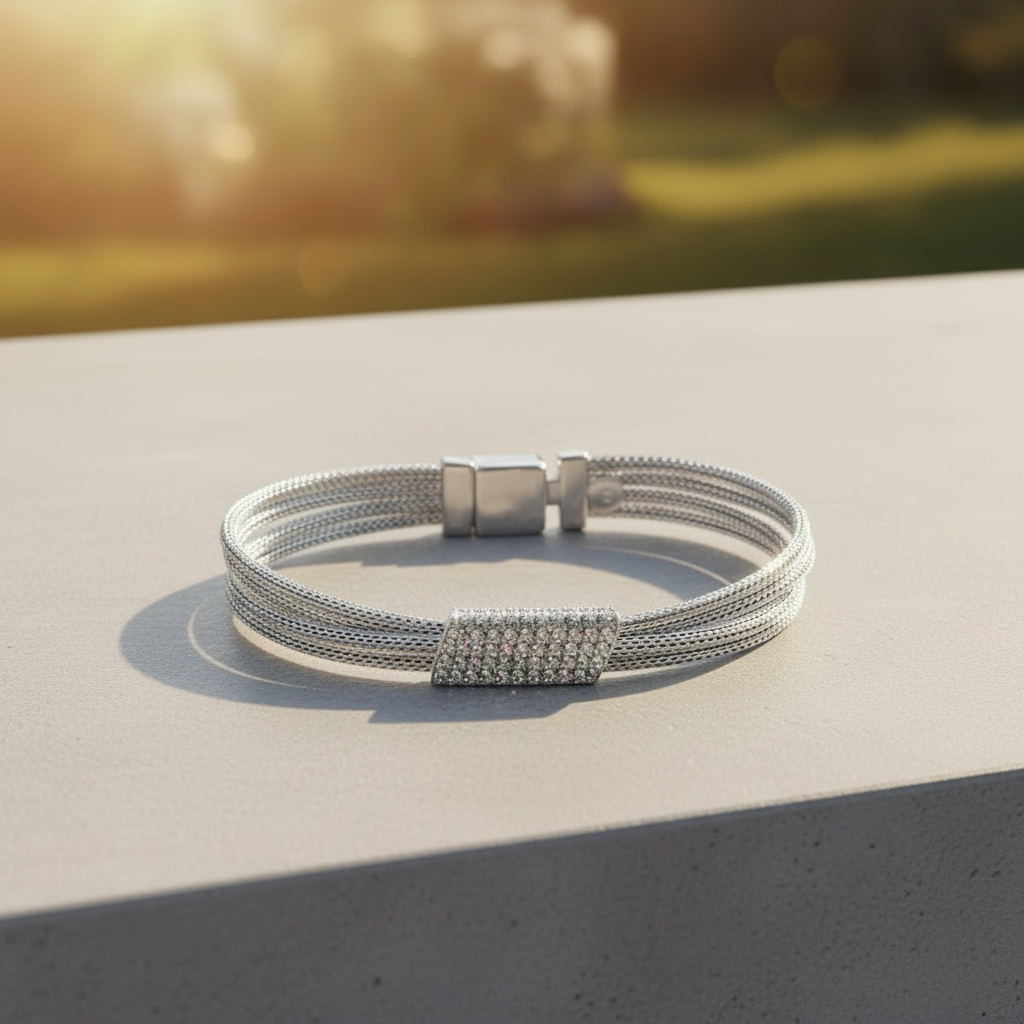 Rhodium Plated 925 Sterling Silver Mesh Clear CZ Bracelet