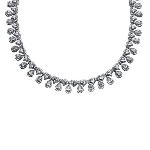 Radiant Teardrop Heart CZ Tennis Necklace in Rhodium-Plated Sterling Silver