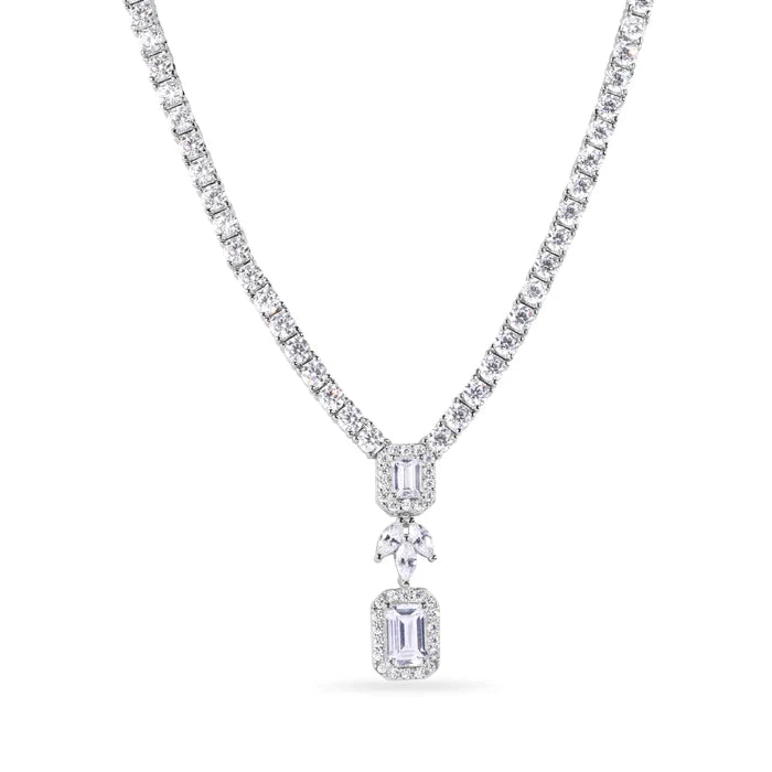 Rhodium Plated 925 Sterling Silver Baguette Center Stone Clear CZ Tennis 2.6mm Necklace