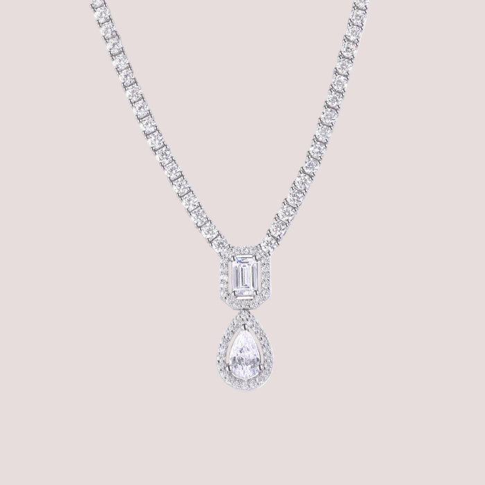 Rhodium Plated 925 Sterling Silver Pear Cut Center Stone Clear CZ Tennis 2.6mm Necklace