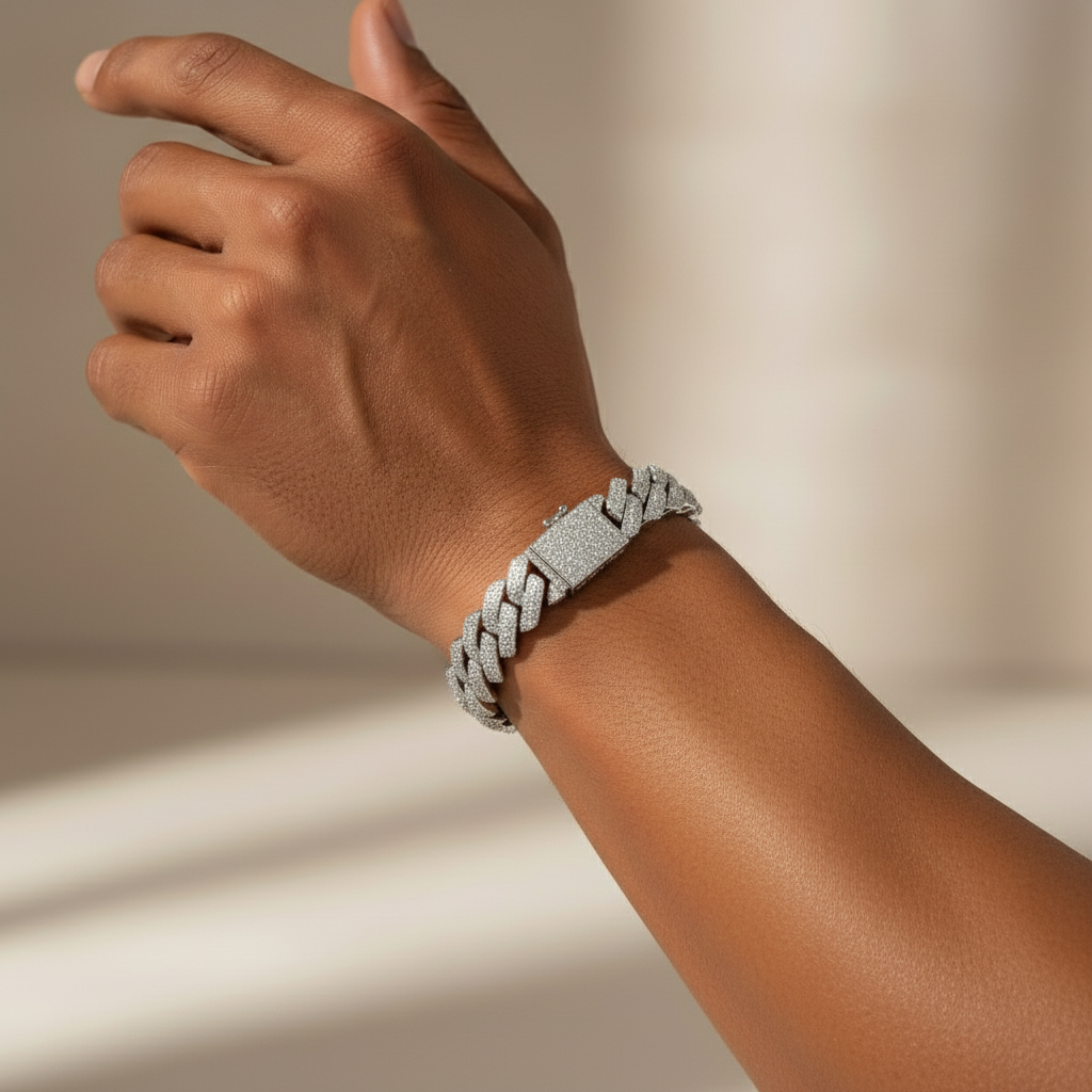 Timeless Radiance: Moissanite Cuban Link in Rhodium-Plated Silver