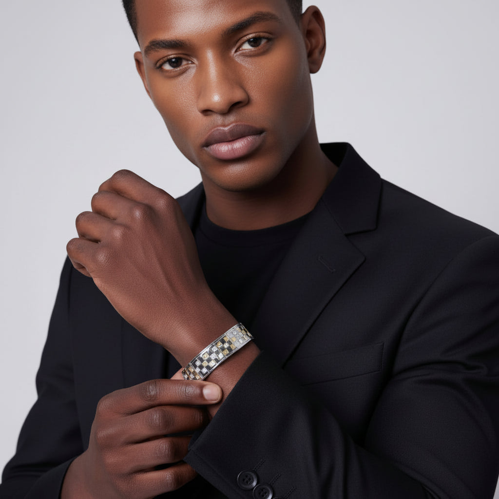 Rhodium Plated 925 Sterling Silver Men's Yellow and Clear CZ Checkered Men's Bracelet - STBM00012Y-9