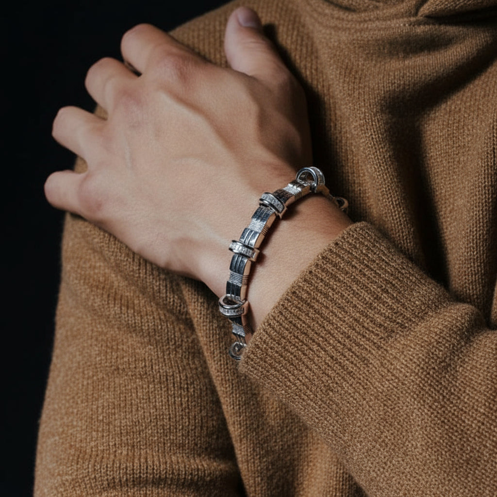 Rhodium-Plated 925 Silver CZ Encrusted Arc Men’s Bracelet
