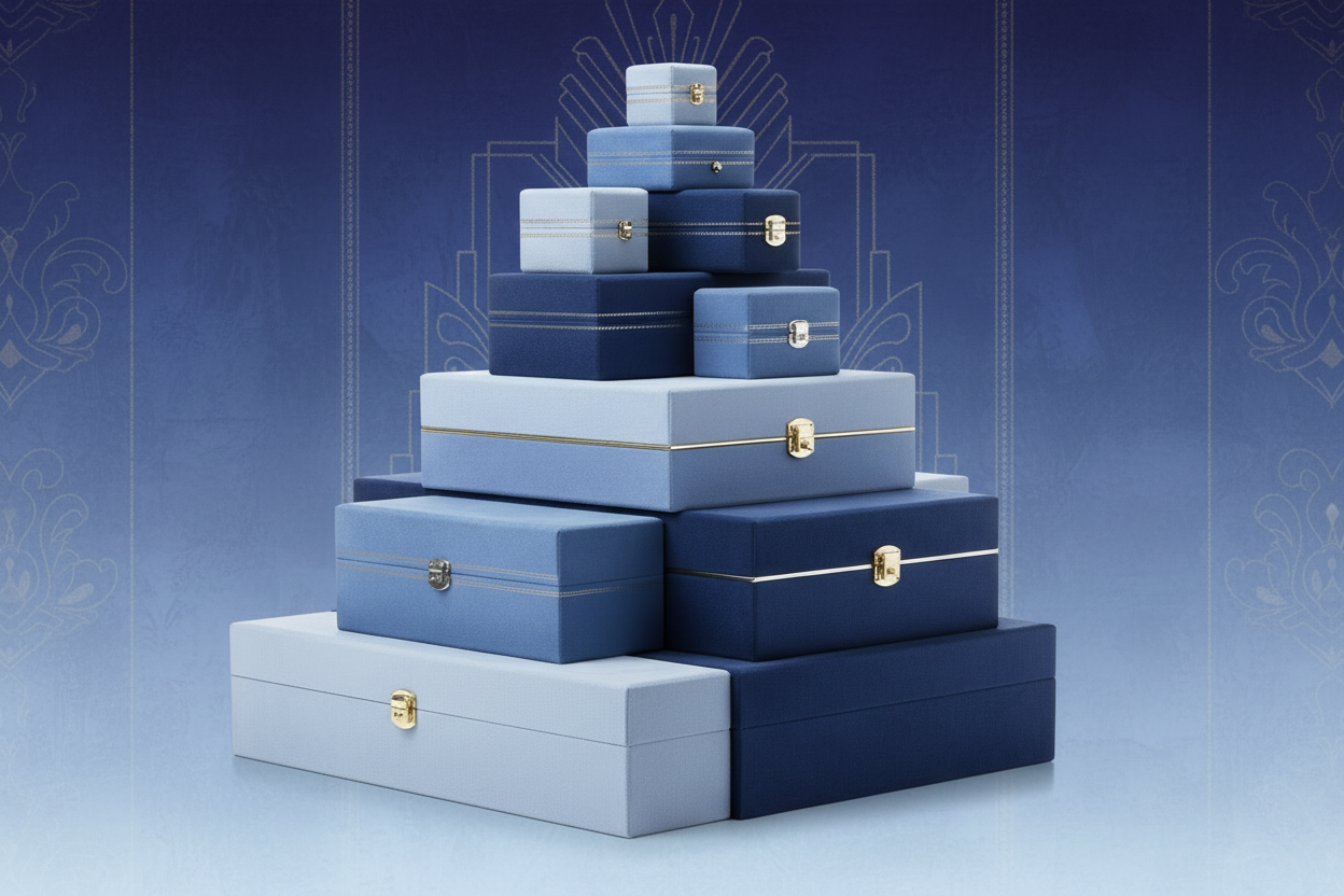 a beautiful elegant  jewelry boxes different sizes on each other  French blue color pallete