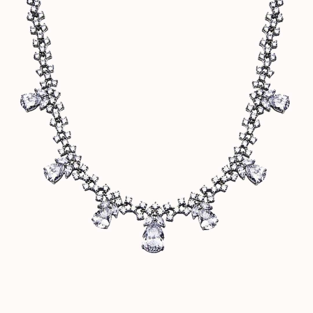 Rhodium Plated 925 Sterling Silver Multi Teardrop Clear CZ Tennis Necklace