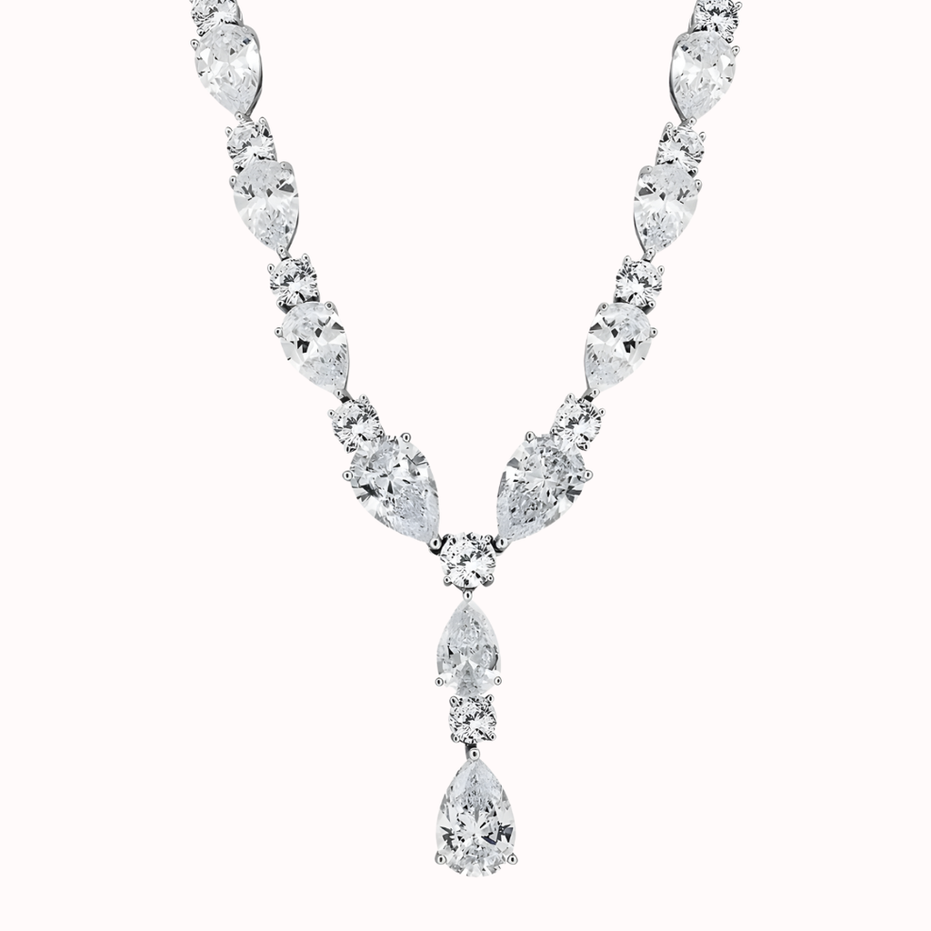 Rhodium Plated 925 Sterling Silver Teardrop Clear CZ Tennis Necklace