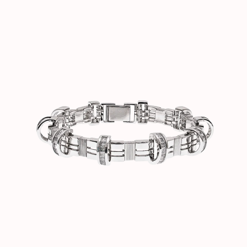 Rhodium-Plated 925 Silver CZ Encrusted Arc Men’s Bracelet