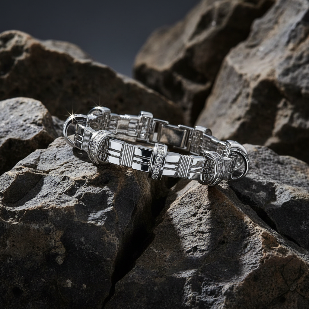 Rhodium-Plated 925 Silver CZ Encrusted Arc Men’s Bracelet