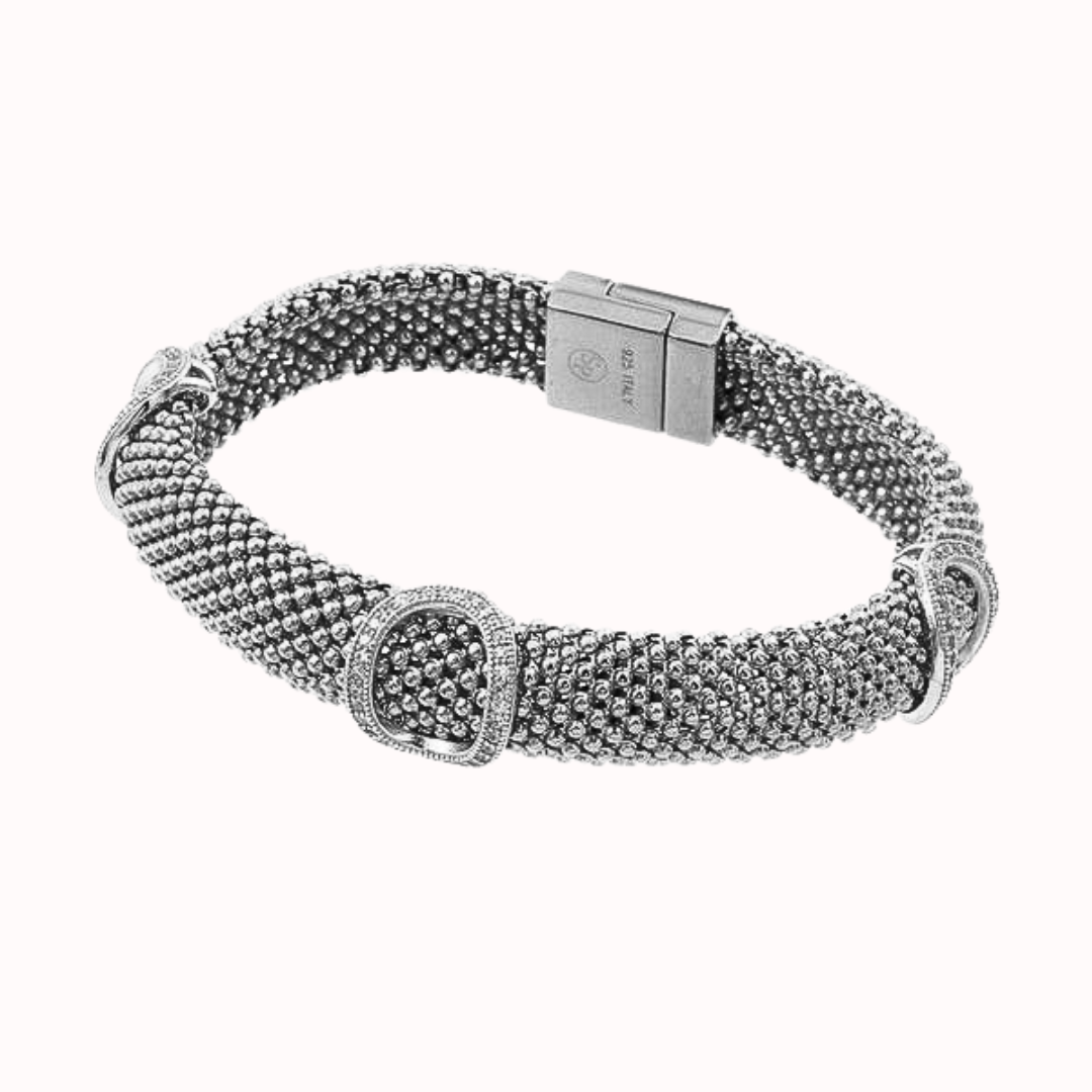Italian Rhodium-Plated Micro Pave CZ Beaded Italian Bracelet Sterling Silver