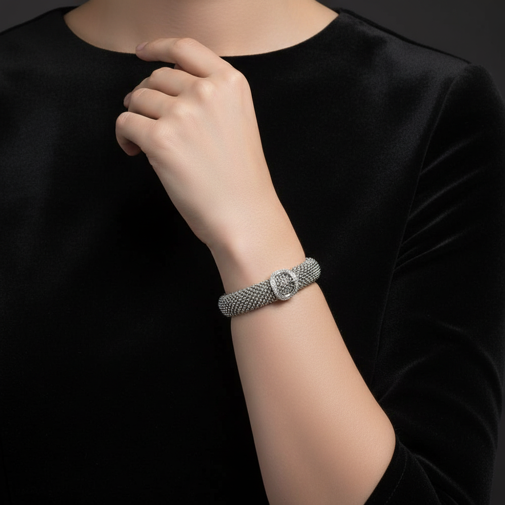 Italian Rhodium-Plated Micro Pave CZ Beaded Italian Bracelet Sterling Silver