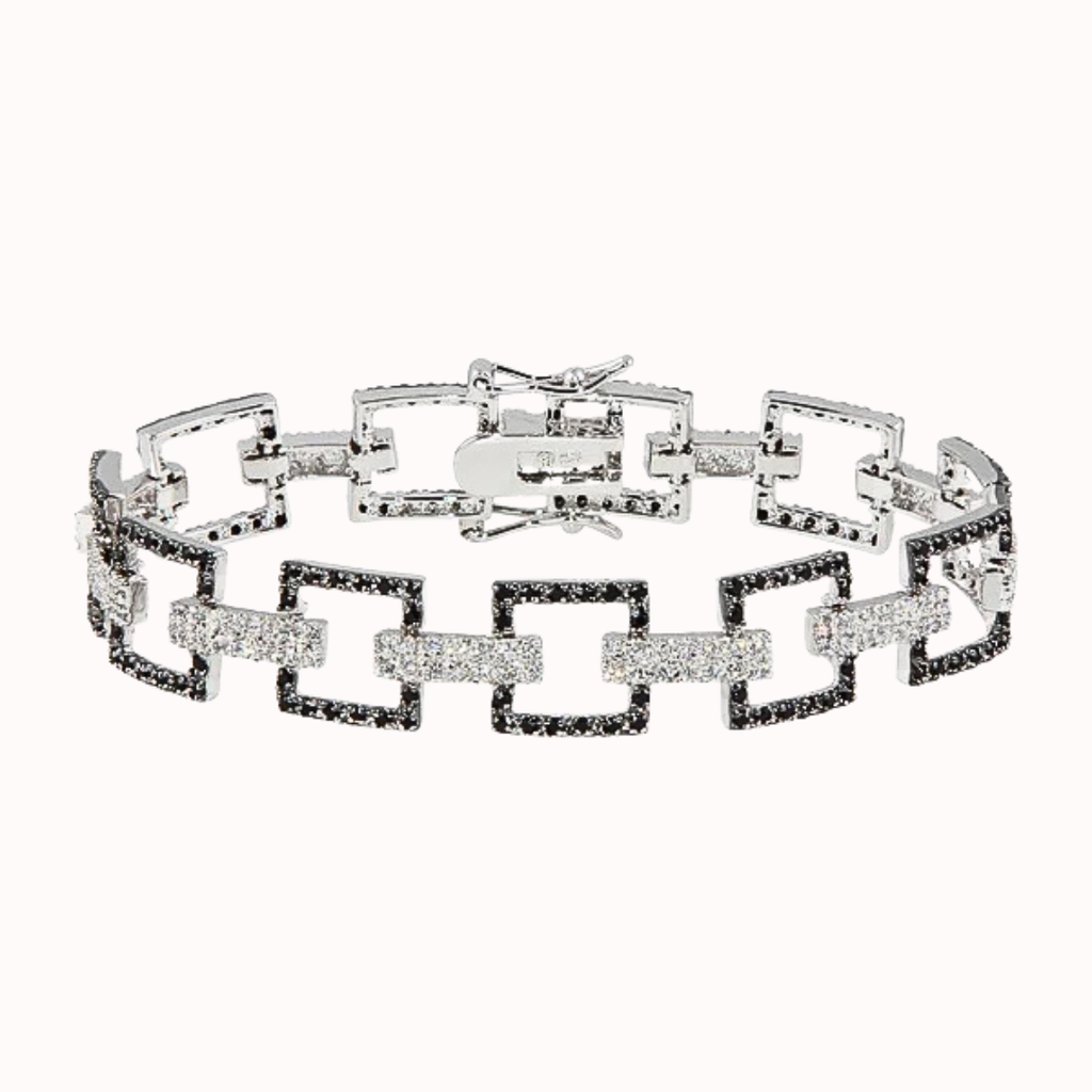 Rhodium-Plated 925 Silver Open Square Bracelet with Black CZ Detailing