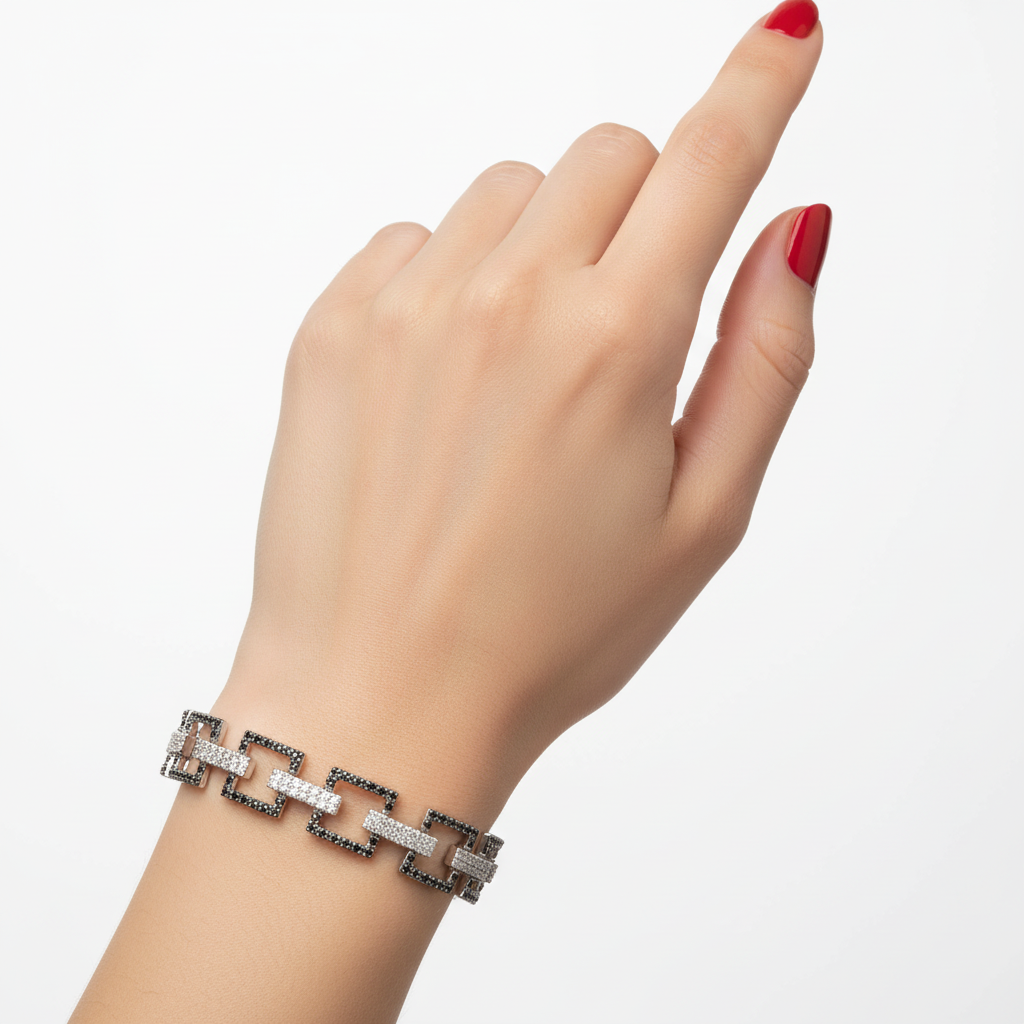Rhodium-Plated 925 Silver Open Square Bracelet with Black CZ Detailing