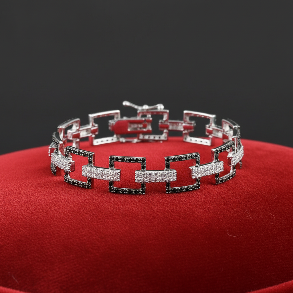 Rhodium-Plated 925 Silver Open Square Bracelet with Black CZ Detailing