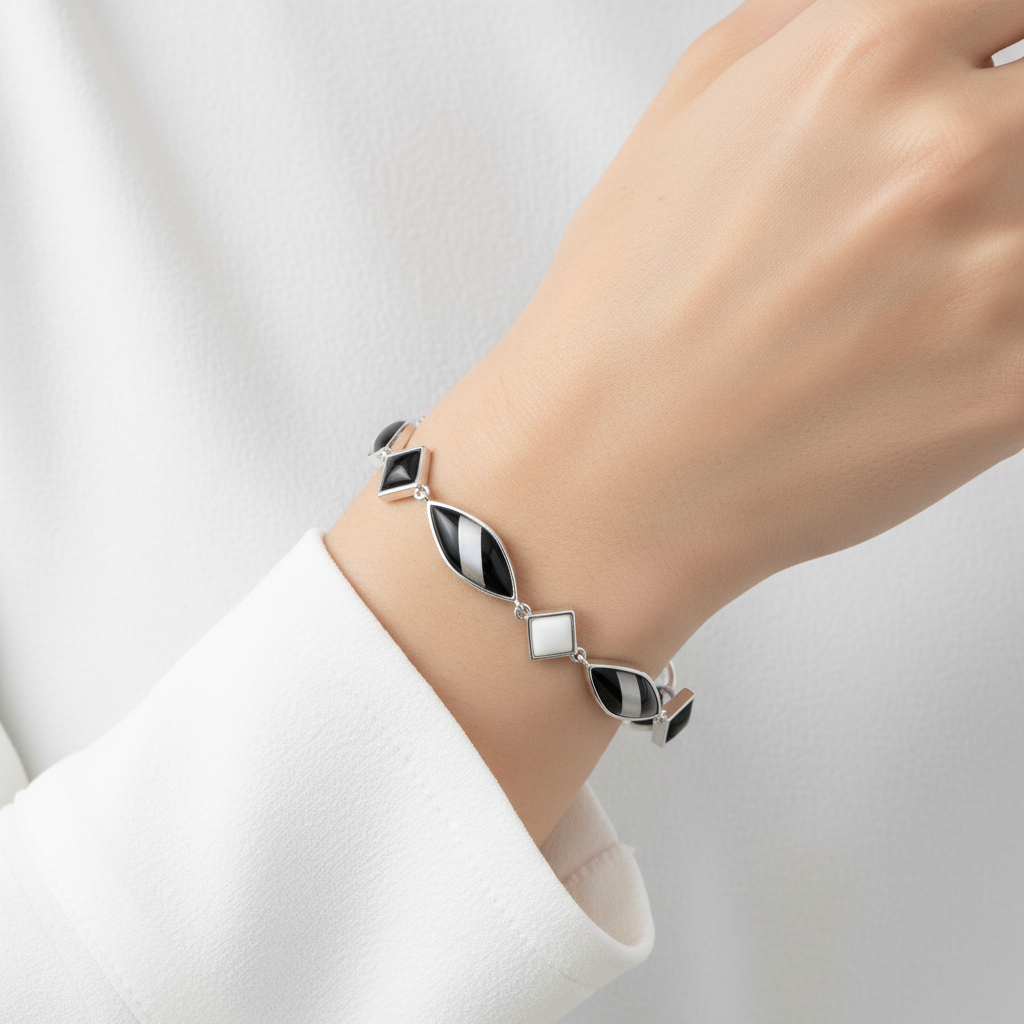 Silver 925 Rhodium Plated Black and White Bracelet