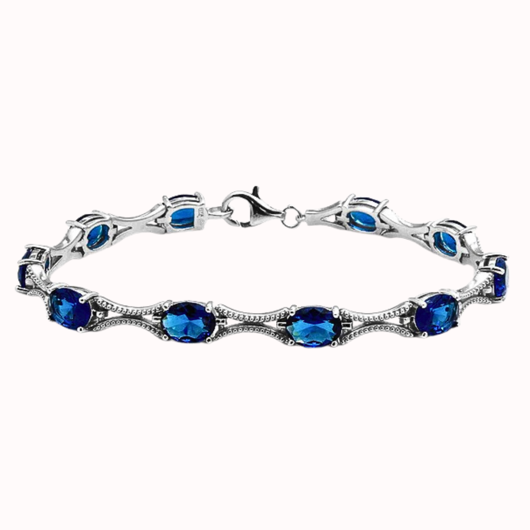 Elegant Rhodium 925 Sterling Silver Blue Oval Cubic Zirconia Tennis Bracelet