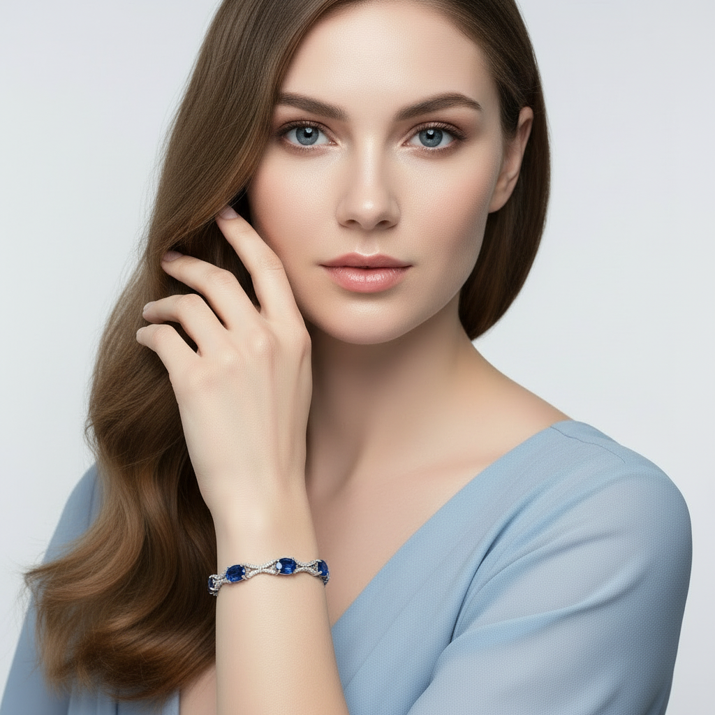 Elegant Rhodium 925 Sterling Silver Blue Oval Cubic Zirconia Tennis Bracelet