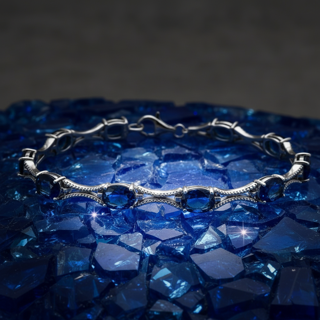 Elegant Rhodium 925 Sterling Silver Blue Oval Cubic Zirconia Tennis Bracelet