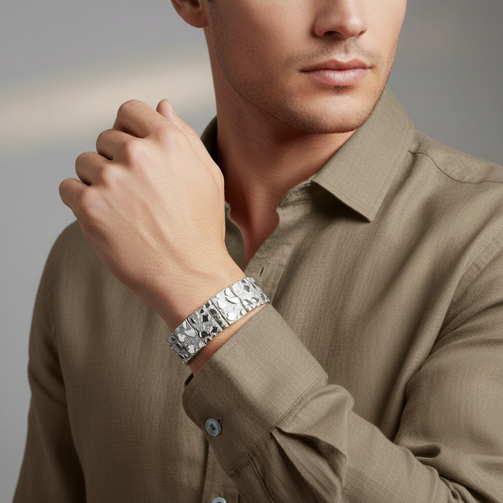 Bold Elegance: 15.9mm Sterling Silver Clustered Nugget Bracelet