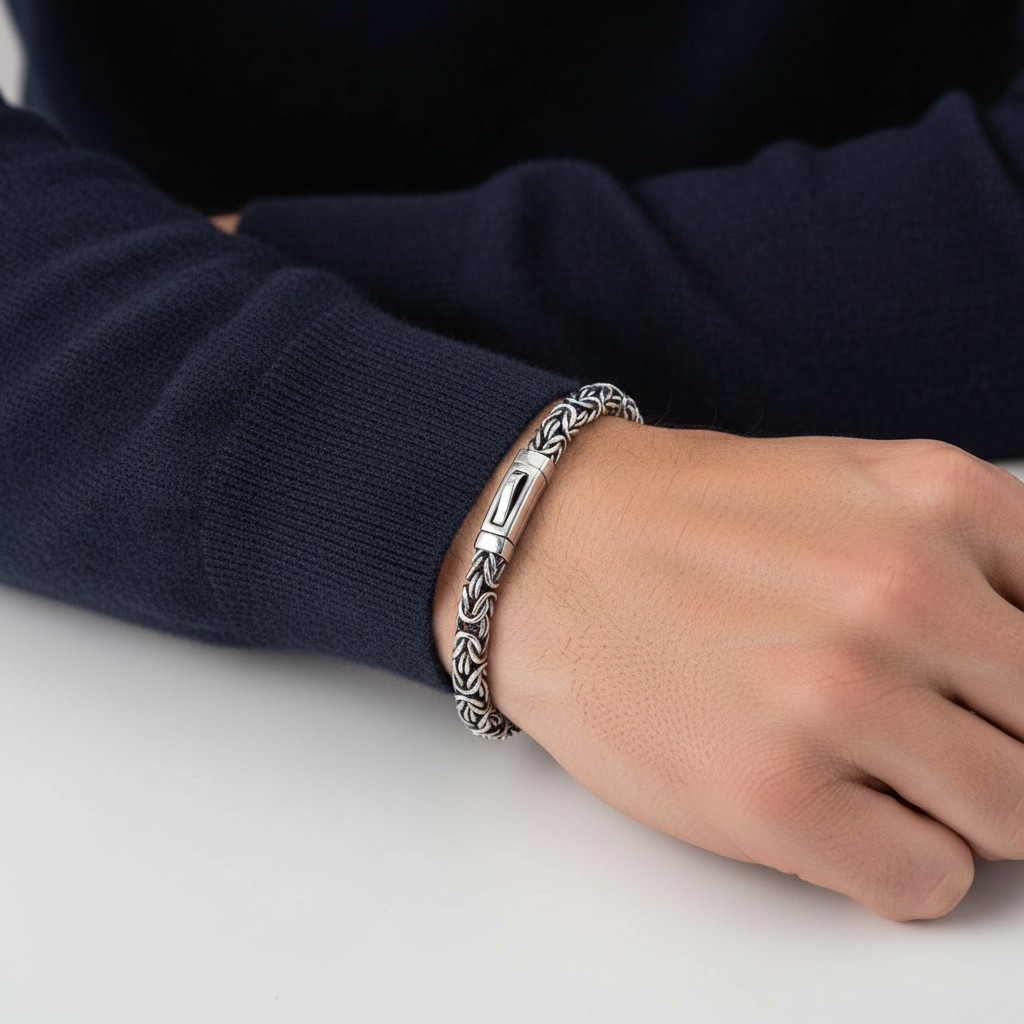 Timeless Glamour: Rhodium-Plated Flat Byzantine Silver Bracelet