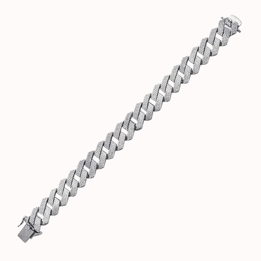 Rhodium Plated 925 Sterling Silver CZ Encrusted Square Miami Cuban Link Bracelet 17.0mm