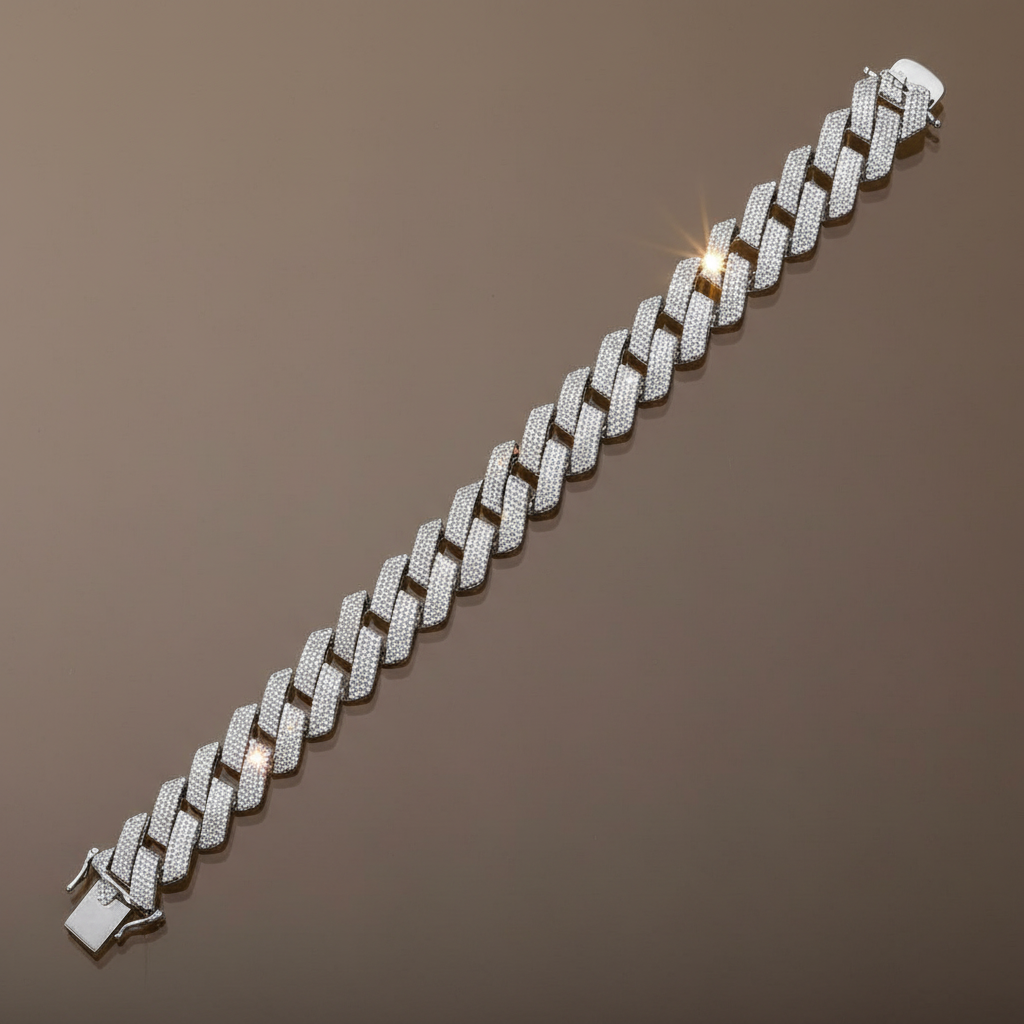 Rhodium Plated 925 Sterling Silver CZ Encrusted Square Miami Cuban Link Bracelet 17.0mm