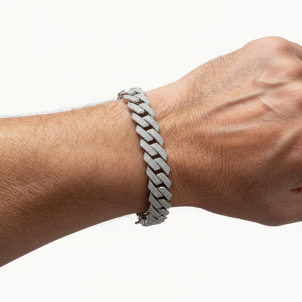 Rhodium Plated 925 Sterling Silver CZ Encrusted Square Miami Cuban Link Bracelet 17.0mm