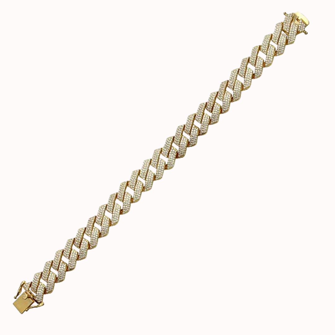 Gold Plated 925 Sterling Silver CZ Encrusted Square Miami Cuban Link Bracelet 15mm