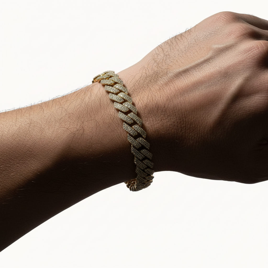 Gold Plated 925 Sterling Silver CZ Encrusted Square Miami Cuban Link Bracelet 15mm