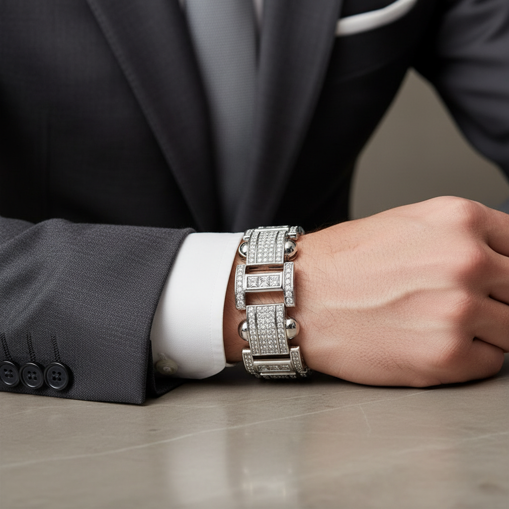 Men’s Iced-Out Rhodium Sterling Silver Cuban Link Bracelet