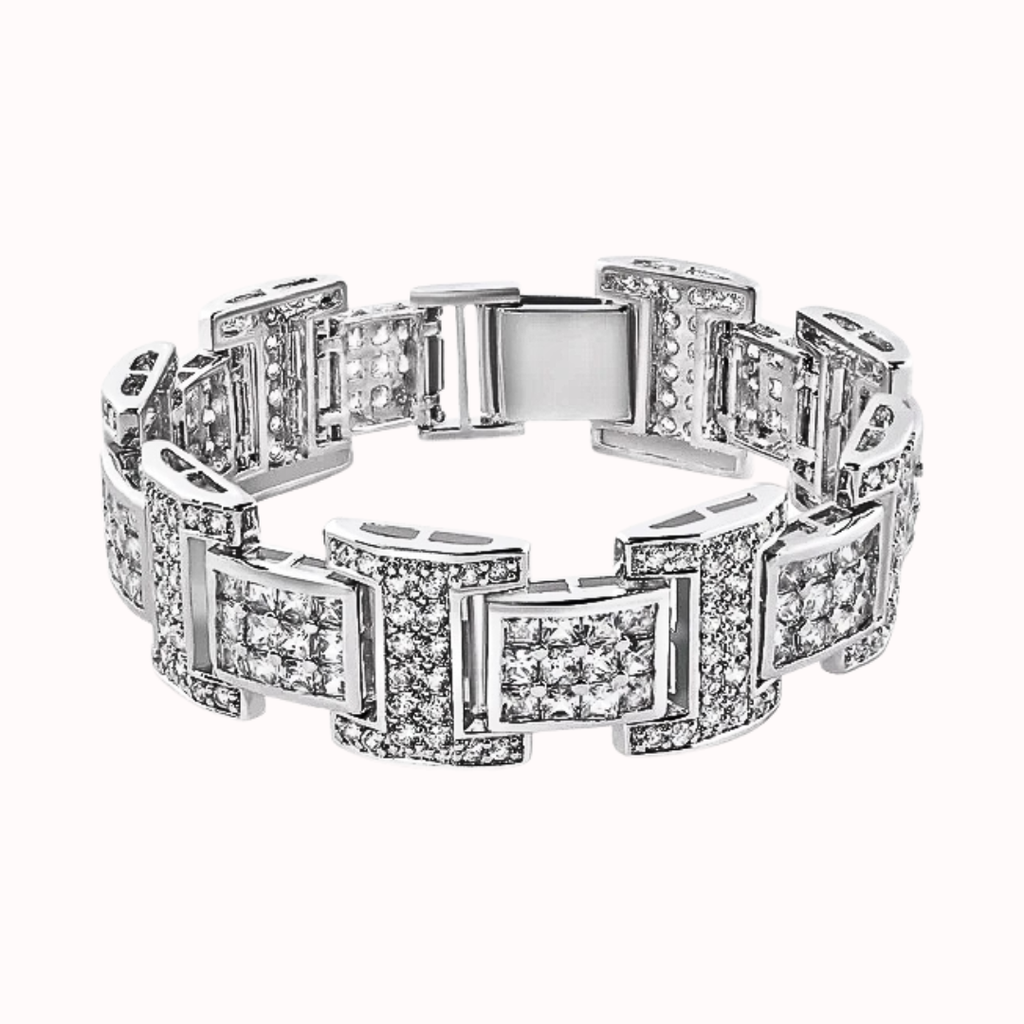 Rhodium-Plated 925 Sterling Silver 20mm Link Bracelet with Square & Round CZ Accents