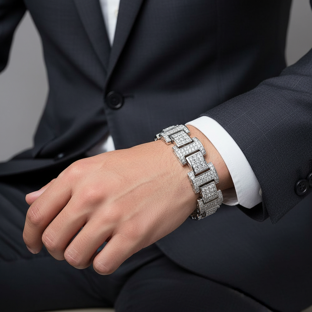 Rhodium-Plated 925 Sterling Silver 20mm Link Bracelet with Square & Round CZ Accents