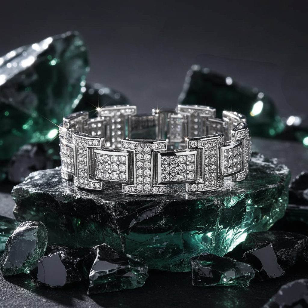 Rhodium-Plated 925 Sterling Silver 20mm Link Bracelet with Square & Round CZ Accents