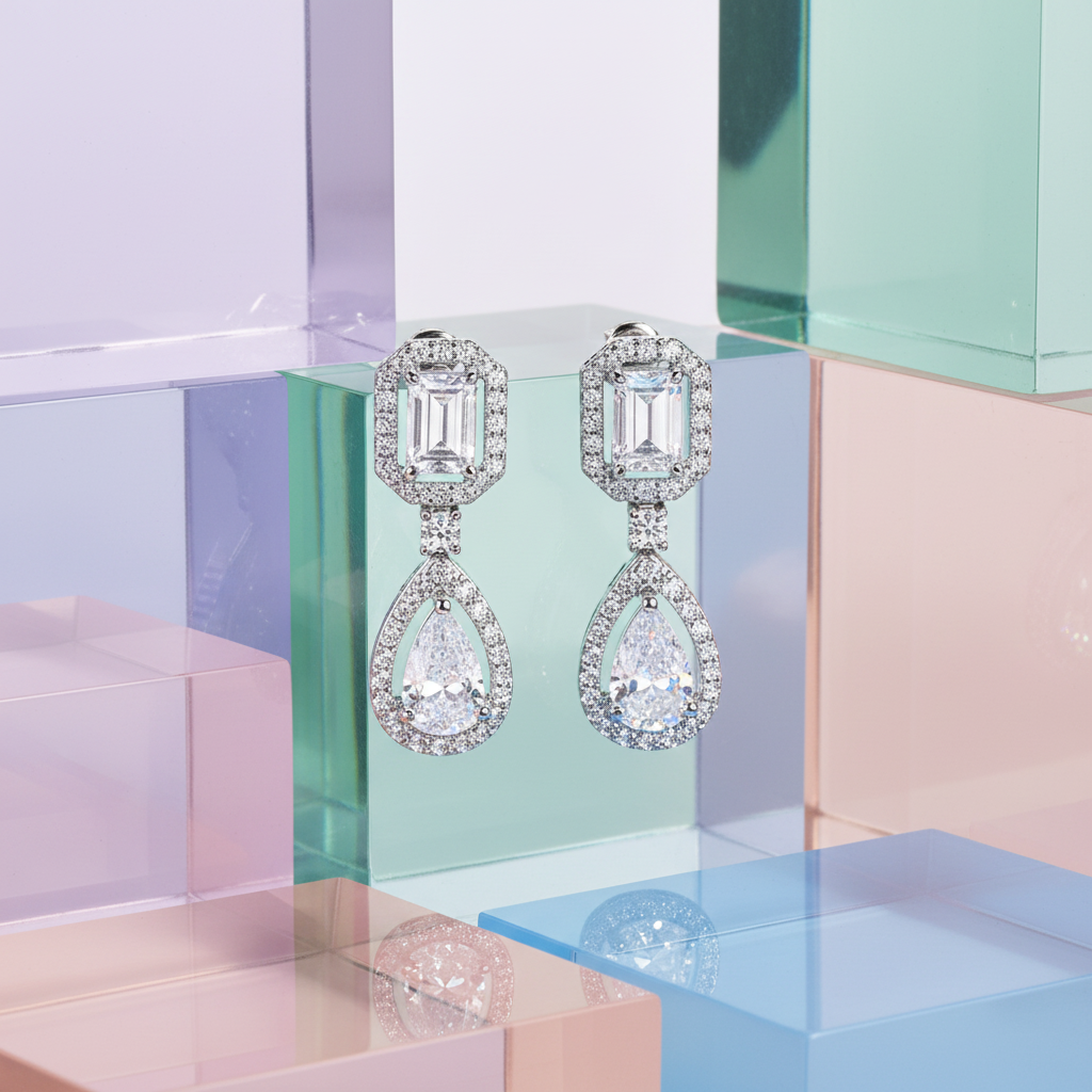 Rhodium Plated 925 Sterling Silver Pear Cut Center Stone Clear CZ angling Earring