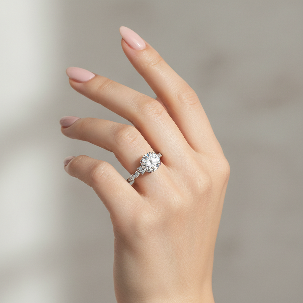 Rhodium Plated 925 Sterling Silver 7mm Round Lab Grown Diamond Pave Side Stones Engagement Ring