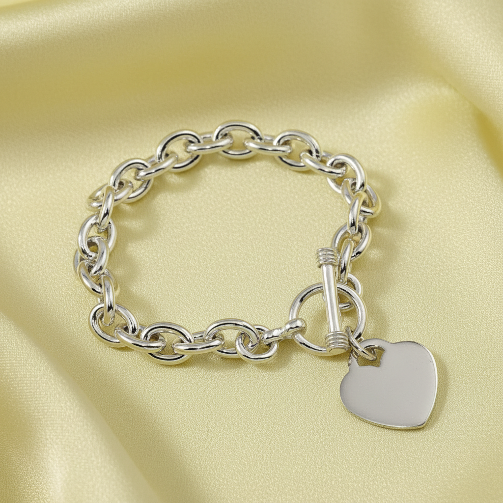 Polished Sterling Silver Heart Link Bracelet with Classic Toggle Closure