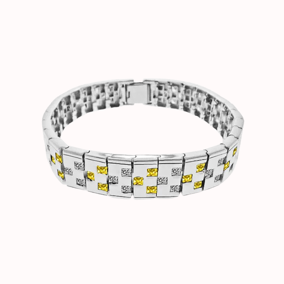 Rhodium Plated 925 Sterling Silver Men's Yellow and Clear CZ Checkered Men's Bracelet - STBM00012Y-9