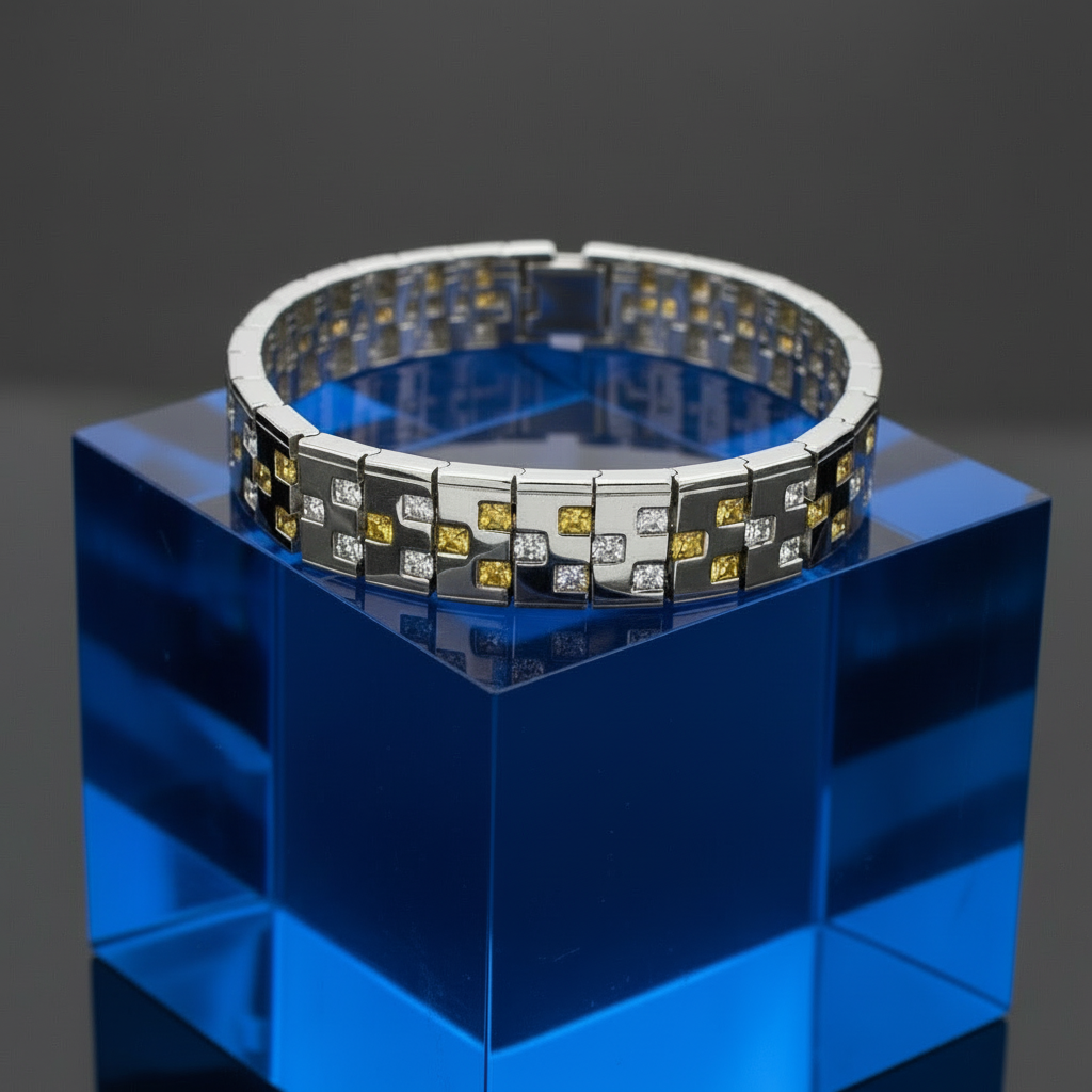 Rhodium Plated 925 Sterling Silver Men's Yellow and Clear CZ Checkered Men's Bracelet - STBM00012Y-9