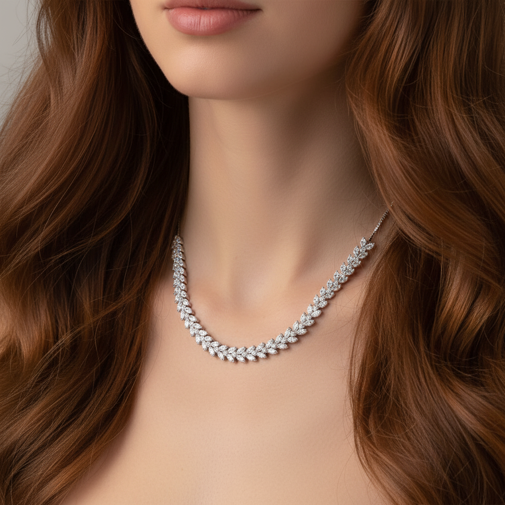 Sterling Silver Rhodium Leaf Link Necklace with Cubic Zirconia – Adjustable Design