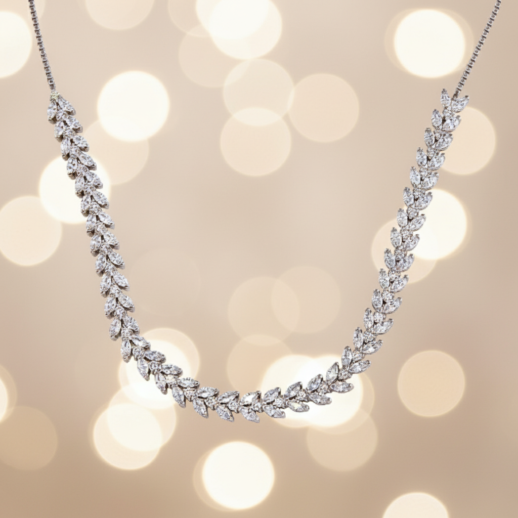 Sterling Silver Rhodium Leaf Link Necklace with Cubic Zirconia – Adjustable Design