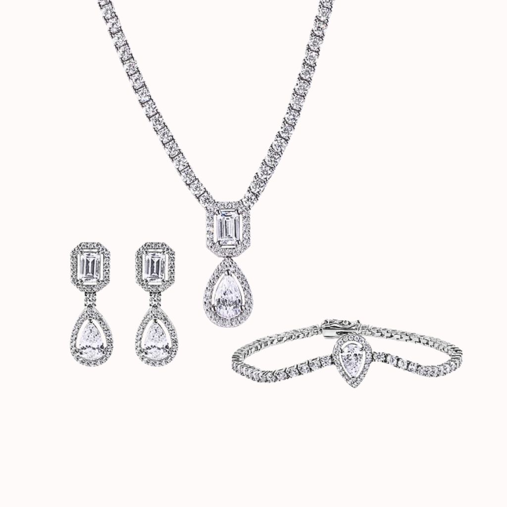 Rhodium-Plated 925 Sterling Silver Jewelry Set: Pear-Cut CZ Tennis Necklace, Bracelet & Dangling Earrings