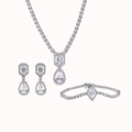 Rhodium-Plated 925 Sterling Silver Jewelry Set: Pear-Cut CZ Tennis Necklace, Bracelet & Dangling Earrings