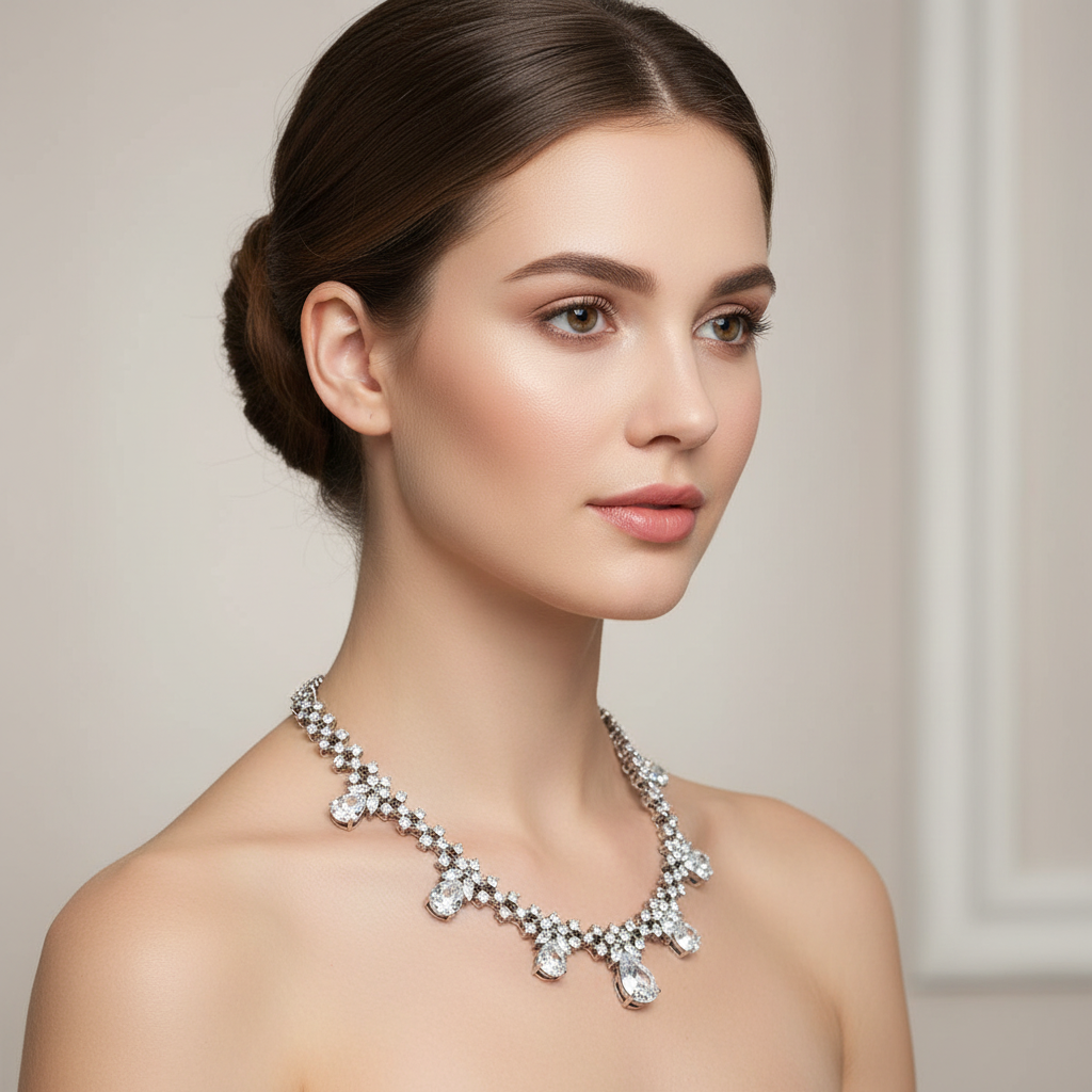 Rhodium Plated 925 Sterling Silver Multi Teardrop Clear CZ Tennis Necklace