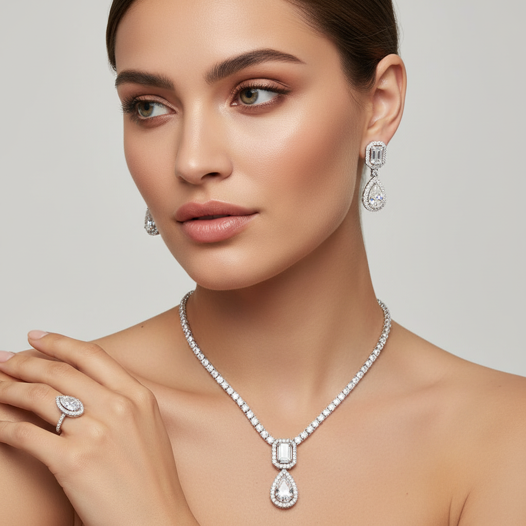 Rhodium-Plated 925 Sterling Silver Jewelry Set: Pear-Cut CZ Tennis Necklace, Bracelet & Dangling Earrings